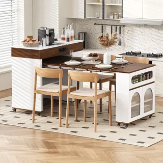 Merax Kücheninsel mit Rollen, Ausziehbarer Esstisch, Servierwagen, Mobil Sideboard mit Steckdosen, mit Schubladen und Stauraum, Walnuss + Weiß - Braun