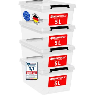 ATHLON TOOLS 4 x 5 L Aufbewahrungsboxen mit Deckel, lebensmittelecht - Verschlussclips - 100% Neumaterial Plastik-Box transparent - Kleiderboxen stapelbar...