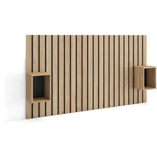 Skraut Home | Kopfteil, Nachttischen | Lamellenwand Holz | 196x107x3 cm | 120,135,140 cm Bett | Stauraum | Moderner Stil | Eiche