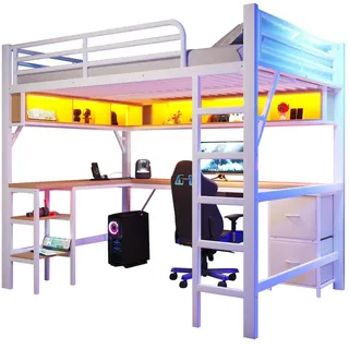 Redom Hochbett aus Metall und MDF 140/200 cm mit Schreibtisch, Regal, Schrank, USB und LED-Beleuchtung, Weiß , Holzwerkstoff , 140x200 cm , Babymöbel & Kindermöbel, Kinderzimmer & Jugendzimmer, Kinderbetten, Hochbetten