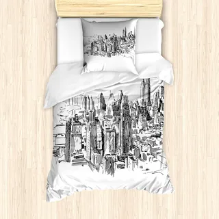 ABAKUHAUS New York Mantele, NYC Historische Skizze, Milbensicher Allergiker geeignet mit Kissenbezügen, 135 cm x 200 cm - 80 x 80 cm, Grau weiß - Weiß