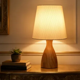 Aukimo Nachttischlampe Tischlampe Holz, E14 Fassung mit 3000K LED-Birne, Beige Leinenlampeenschirm mit goldenen Streifen, Vintage Tischleuchte für Schlafzimmer Wohnzimmer Büro Geschenk