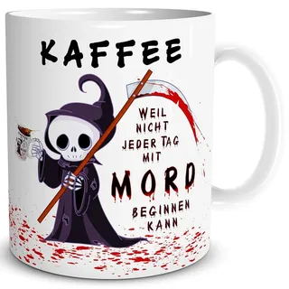 TRIOSK Tasse Kaffee Mord mit Spruch lustig Kaffeeliebe Fun Horror Geschenk für Arbeit Büro Kaffeeliebhaber Kollegen Männer Frauen Freundin Weiß, Keramik 300ml