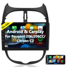 Podofo Carplay Autoradio für Peugeot 206/206CC 2001-2016 Cirteon C2, Android 2G+32G HiFi, 9" Touchscreen Android Auto GPS Navi WiFi Bluetooth FM RDS Radio USB Auto-Stereo-Player