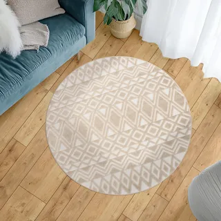 Outdoor Teppich Wetterfest Wohnzimmer Balkon Skandi Boho Muster 3D Effekt Beige Grösse 200 cm Rund - Beige