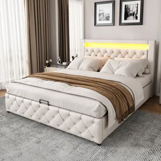MODFU Boxspringbetten Polsterbett 160 x 200 cm Doppelbett Funktionsbett mit Lattenrost und Stauraum, Mit LED-Beleuchtung ohne Matratze, Weiß - Weiß