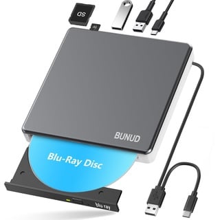 Externes Blu Ray CD DVD Laufwerk USB 3.0 & Type-C CD/DVD Blu-Ray Brenner Writer mit 2 USB & SD/TF Slots, Optical 3D BD Bluray Laufwerk Extern für PC Laptop Windows 11/10 Mac MacBook