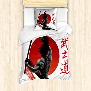 ABAKUHAUS japanisch Bettbezug Set für Einzelbetten, Samurai in der Praxis verzieren, Milbensicher Allergiker geeignet mit Kissenbezug, Rot Schwarz Weiß - Rot