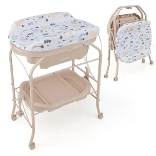 COSTWAY 4 in 1 Wickeltisch mit Badewanne, tragbare Wickelkommode mit PVC-Auflage & Abflussrohre, mobile Wickelstation klappbar mit Universalrädern für 0-12 Monate Baby, bis 35 kg belastbar (Beige)