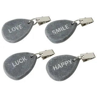 Boltze 4er Set Tischdeckenbeschwerer aus Naturstein - Mit Stahlclips, maximale Klemmkraft - Insgesamt ca. 240 g schwer - Happy, Luck, Love, Smile Aufdruck - Ideal für den gedeckten Tisch