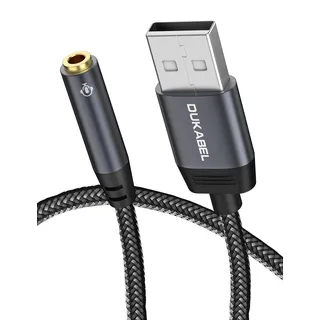 DuKabel Externe USB Soundkarte 0.2M USB auf 3.5mm Klinke Stereo Headset Adapter kompatibel mit PC, PS4, PS5, Laptop, Lautsprecher, Kopfhörer (CTIA Standard) und 4 poligem Mikrofon - Top Series