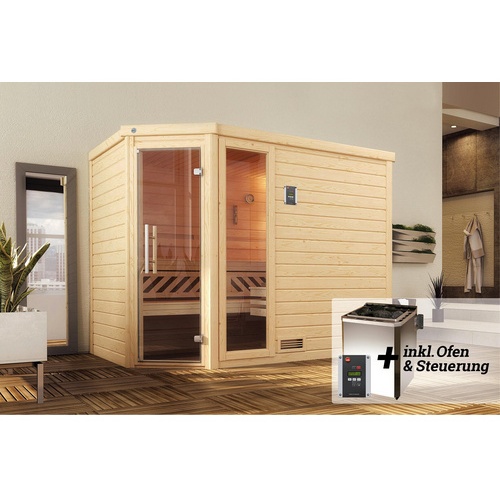 Bild von Massivholzsauna »Turku«, (Set), 7,5 kW Bio-Ofen mit digitaler Steuerung, beige