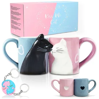 MengCat Katze Kaffee Paar Bechersatz, Keramik Teetassen Set, Kuss Hochzeit Becher für Braut und Bräutigam, Geschenk für Jubiläum, Engagement, Valentinstag, Geburtstag