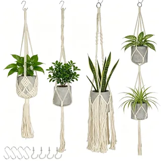 Cozary 4er Set Makramee Blumenampel, Baumwollseil Hängeampel Hängetopf für Pflanzen mit Metallhaken für Innen Außen Decken Balkone Wanddekoration