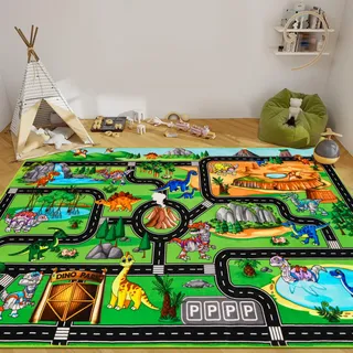 DINSUMRUG Kinderteppich Autospielteppich Roboter-Dinosaurierpark Straße 150×100 cm Dino-Straßenteppich für Spielzeugautos Jurassic-Thema Spielteppich für Kinder, Kleinkinder, Kinderzimmer