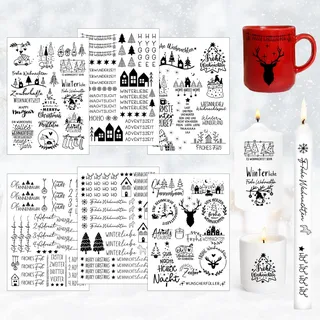 6 Stück Kerzentattoo Weihnachten, A5 Kerzen Tattoo Folie Advent, Kerzentattoos Wassertransferdruck, Wasserschiebefolie Kerzen Tattoo, für Adventskerzen, Tasse, Keramik (B)