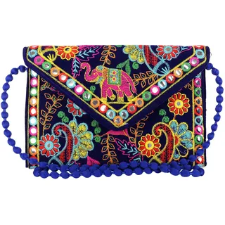 Craft Trade Rajasthani Mini Clutch-Taschen für Frauen Indisch Jaipuri-Kunst Handtasche für Damen Handbestickte Clutch Umhängetasche für Hochzeits Party und Geschenke (Blau)