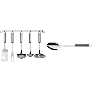 WMF Profi Plus Küchenhelfer Set 6-teilig, Hängeleiste mit 5 Helfer, Schöpflöffel, Schaumlöffel & Profi Plus Servierlöffel 32 cm, Cromargan Edelstahl teilmattiert, spülmaschinengeeignet