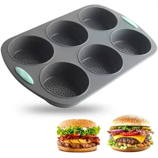 MXGHIR Burger Buns Backform Silikon, 10cm Ø Brötchen Backform Rund | 6-Loch-Design, für Burger Buns, Brot, Muffins, Antihaft & Leicht zu Entformen (38.5x23.7x3.8cm, Grau)
