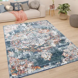 Teppich Wohnzimmer Kurzflor Vintage Pastell Modernes Orientalisches Muster Grösse 160x230 cm - Blau