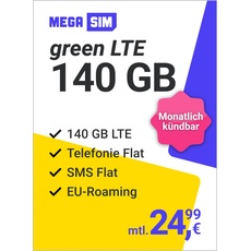 Mega SIM green LTE 140 GB – Handyvertrag im Telefonica Netz mit Internet Flat, Flat Telefonie und EU-Roaming – Monatlich kündbar