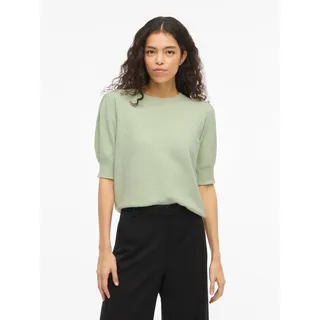Strickpullover VILA "VIRIL 2/4 SLEEVE O-NECK KNIT TOP - NOOS", Damen, Gr. S, smoke grün detail:light melange, Strick, Obermaterial: 50% Viskose, 28% Polyester, 22% Nylon, meliert, regular fit normal, Rundhals, Rippstrickbündchen, Pullover Strickpullover