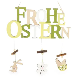 COM-FOUR® Türschild "Frohe Ostern" - Schriftzug mit Hase, Blume, Huhn für Ostern - Oster-Deko zum Aufhängen an Haustür, Wand, Fenster (gelb/grün - 1 Stück)