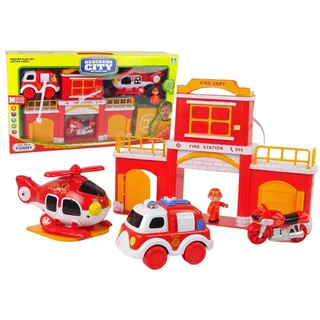 Lean Toys Feuerwehr Wache Auto Helikopter Sound Sirene Motorrad Spielzeug , Größe:UNIVERSAL