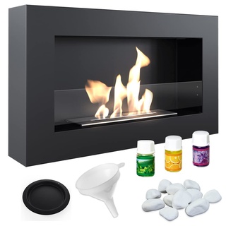 KRATKI Golf Flat Indoor Bioethanol Kamin + Kiesel + Trichter + Aromatherapie-Set Wand-Biocontainer 0,4 l TÜV-zertifizierter pulverbeschichteter Stahl mit Verglasung 37 x 64 cm