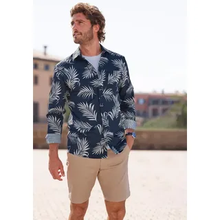 John Devin Hawaiihemd »Regular Fit,«, Langarm, Freizeithemd mit Palmenprint aus reiner Baumwolle, blau