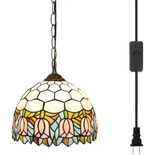Rosa Tulpen Tiffany Pendelleuchte 12inch Buntglas Pendelleuchte Vintage Style Hängelampe für Home Decor Küche Insel Esszimmer Flur Bar