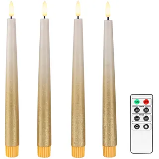 Fanna 4 Echtwachs Led Stabkerzen mit Fernbedienung, Rustikale Flammenlose Spitzkerzen mit Timer für Weihnachten Dekorationen und Adventskranz - H 24,5cm - Sandgrau/Gold