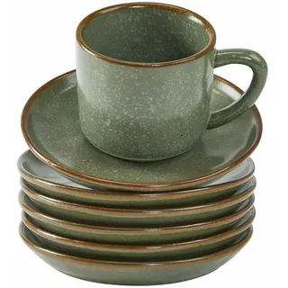 LOBERON Tasse mit Untertasse 6er Set Biarré, türkis/braun | Reizvoll uneben designt, Ursprünglicher, natürlicher Charakter, Glasiertes Steinzeug mit dekorativem Rand