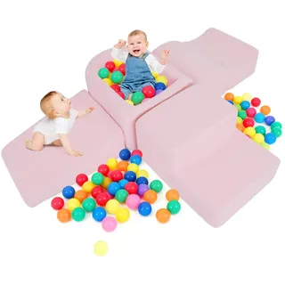 FANTASK 5-teilige Schaumstoffbausteine XXL, Riesen Kletterblöcke mit Bällebad, Großbausteine zum Toben & Klettern, Soft Spielbausteine für Zuhause, Kinderzimmer & Spielzimmer (Rosa, Sherpa-Stoff)