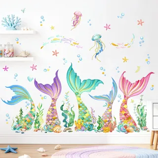 Supzone Wandtattoo Meerjungfrau Schwanz Wandaufkleber Unter dem Meer Ozean Fisch Wandsticker Kinderzimmer Babyzimmer Badezimmer Wanddeko