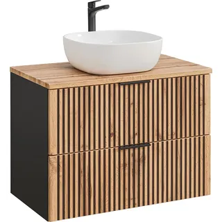 Waschtisch Unterschrank 80 cm mit Aufsatzwaschbecken XANTEN-56 in anthrazit mit Eiche Nb. schwarz gerillt, B/H/T: ca. 80,6/74,2/46,5 cm - Braun