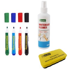 D.RECT Whiteboard Reiniger Set 4in1 - Whiteboard Reiniger Zubehör Set - 250ml Reinigungsflüssigkeit für Weißwandtafel - Whiteboard Marker Schwamm, Cleaner, Spray, Stifte