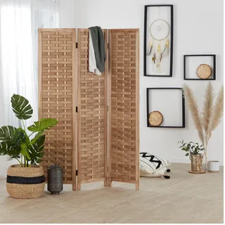 Homestyle4u Paravent 3-tlg. 120/170 cm Braun Rattan geflochten , Holz , 120x170x2 cm , Wohnzimmer, Raumteiler, Paravents