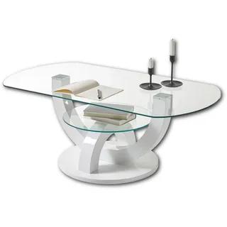 Stolkom Stella Trading Couchtisch Glas in Hochglanz weiß - stylisher Glastisch mit Ablage & geschwungenem Gestell in U-Form für Ihren Wohnbereich - 110 x 40 x 60 cm (B/H/T)