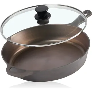 Mahlzeit Polierte Gusseisenpfanne mit Deckel, Ø 25 cm, Bratpfanne mit zwei Ausgießern, Gusspfanne - Braun
