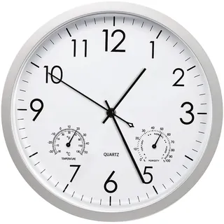 PORFOYO Gartenuhr Wetterfest Wanduhr Ohne Tickgeräusche mit Temperatur und Luftfeuchtigkeit, Wanduhren 30CM, Küchenuhr, Große Wanduhr Modern für Wohnzimmer Küche Büro Zuhause Schlafzimmer(Weiss)