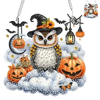 NAIMOER Herbst Eule Diamond Painting Anhänger, Hängende Diamant Malerei Halloween Kinder Erwachsene, Ornament Bastelset Set für Geschenk Mädchen 7-12Jahre Fensterbilder Wand Dekoration
