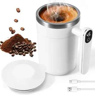Viitech Selbstrührende Kaffeetasse, 400ml Edelstahl Automatisch Magnetisch Selbstrührende Tasse mit Temperaturanzeige, USB Wiederaufladbar Selbstrührender Becher für Kaffee Milch Heiße (Weiß)