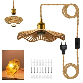 Retro Hanfseil Pendellampe Kit, 510cm Vintage Hängelampe mit Stecker, E27 Lampenfassung mit Kabel, Gewebten Lampenschirme Hängelampen,Messing Fassung Für Esstisch Küche Loft Bar,Ohne Glühbirne