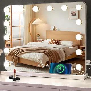 baklon Schminkspiegel mit Beleuchtung,Hollywood Spiegel mit 14 LED Licht Dimmbar Kosmetikspiegel 3 Modi,50 x 40 cm Vanity Spiegel Tischspiegel mit USB 10X Vergrößerung für Schlafzimmer Schminktisch