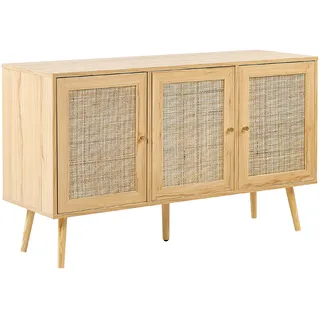 Beliani Sideboard aus hellem Holz mit Rattan Schubladen Boho Style Nachttisch