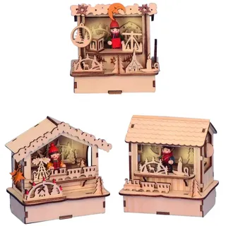 3 Stück LED Weihnachtsmarkt Hütte Holz beleuchtet