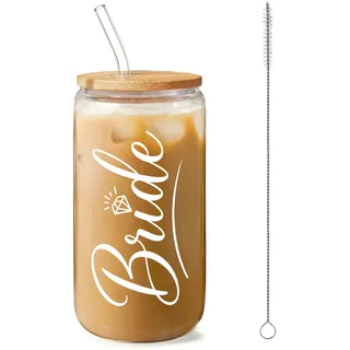 FloralGrace Braut Glas Kaffeebecher 0.5 L Mit Bambus Deckel Und Strohhalm Brautjungfern Geschenk Verlobungsgeschenke Für Frauen Braut