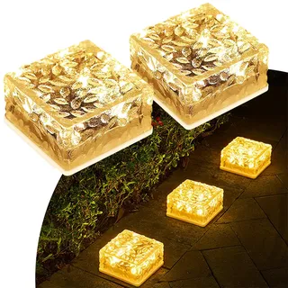 MEDOYOH 2er-Set Warmweiß Licht Solar Pflastersteine Außenleuchte, 10x10x5CM On/Off Lichtsensor Wegbeleuchtung Wasserdicht Bodenstrahler Solar für Patio Garten Hof Weg Terrasse