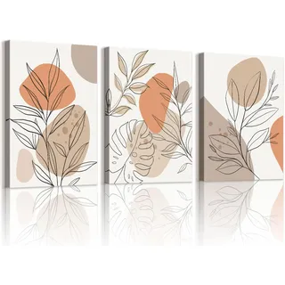 WENGTIAO 3 Stück Boho Abstrakte Pflanzen Leinwand Bilder Kunstdrucke Gerahmt, Beige Orange Geometrisch Block, Minimalistische Blätter Wandbilder für Modern Wanddeko Wohnzimmer Schlafzimmer 40x60cmx3
